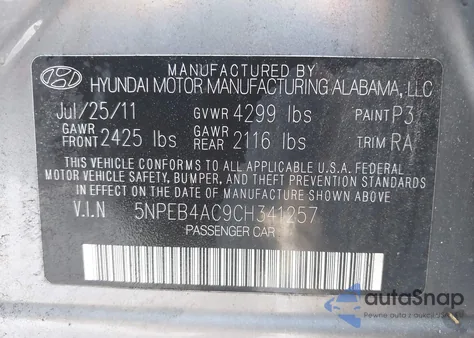 2012 Hyundai Sonata Gls Pzev из США, поврежденный, VIN 5NPEB4AC9CH341257